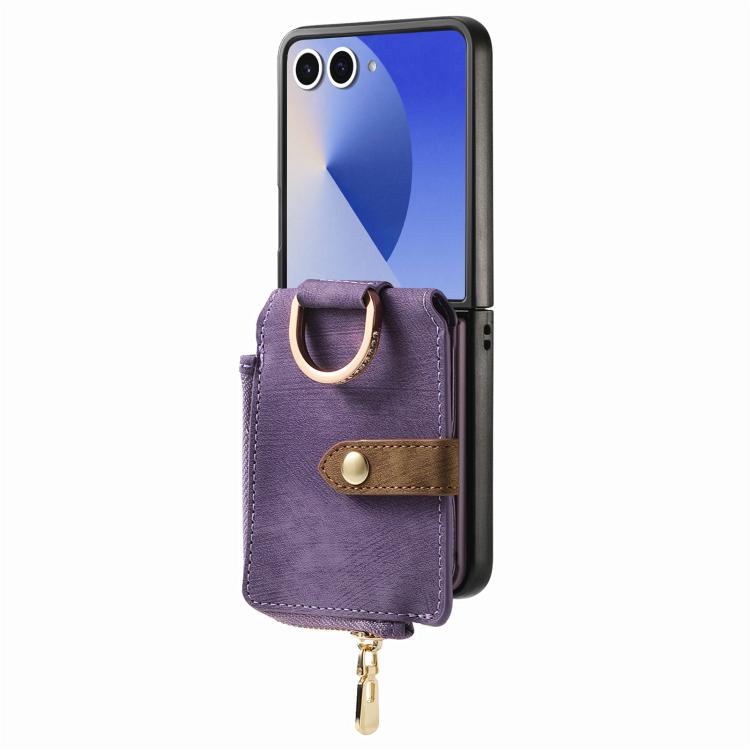 For Galaxy Z Flip7 5G Retro Ring Vertical Zipper Wallet Phone Case