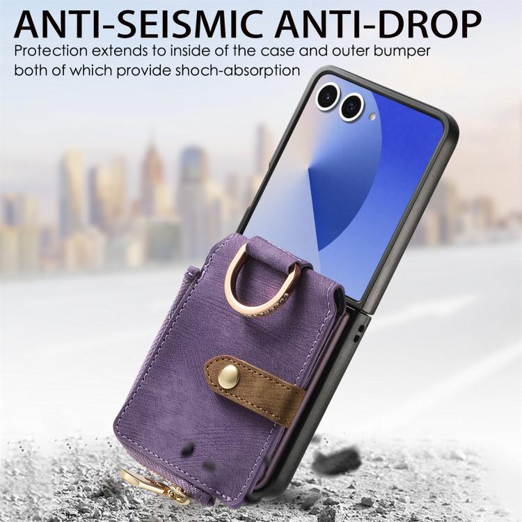 For Galaxy Z Flip7 5G Retro Ring Vertical Zipper Wallet Phone Case