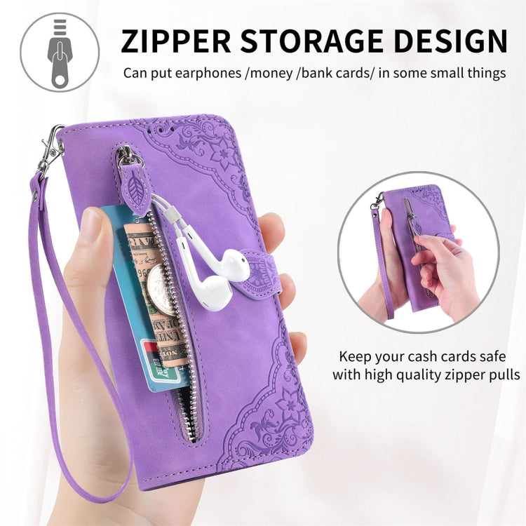 For ZTE Blade A34 Embossed Flower Zipper Leather Phone Case
