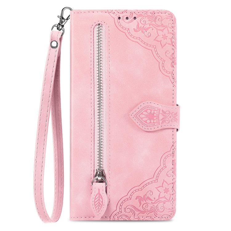 For ZTE Blade A35e 4G Embossed Flower Zipper Leather Phone Case