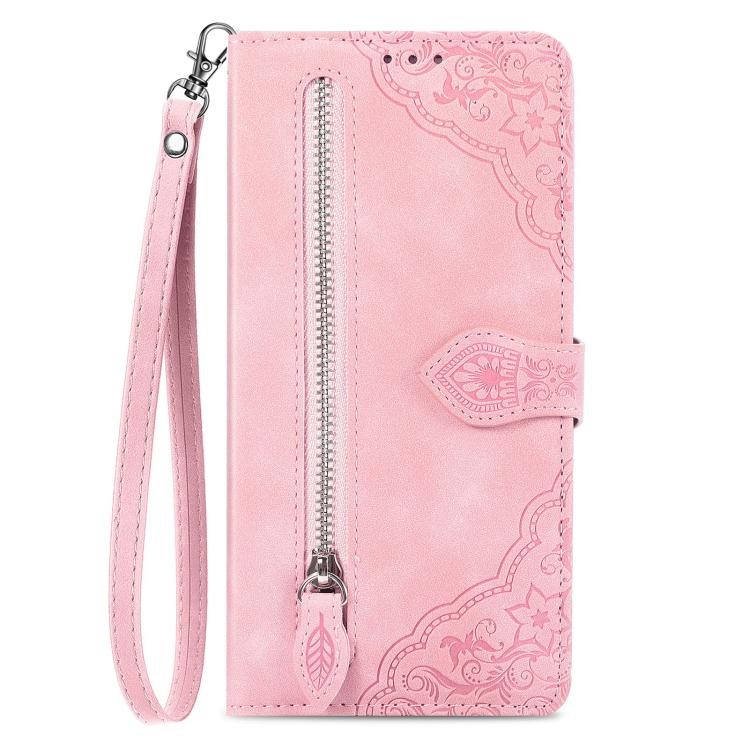 For Xiaomi Poco M7 4G 169mm Embossed Flower Zipper Leather Phone Case