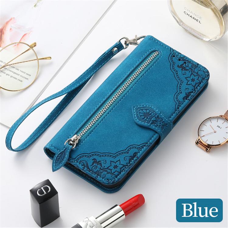 For Xiaomi Poco M7 4G 169mm Embossed Flower Zipper Leather Phone Case