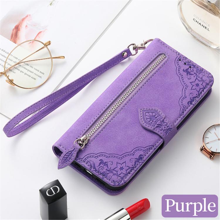 For Xiaomi Poco M7 4G 169mm Embossed Flower Zipper Leather Phone Case