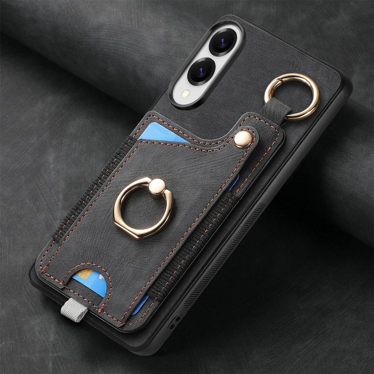 For Samsung Galaxy S25 Edge 5G Retro Skin-feel Ring Card Bag Phone Case with Hang Loop