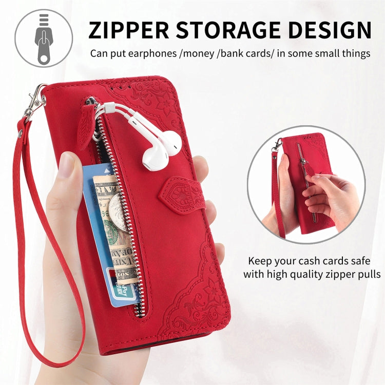 For Samsung Galaxy C55 Embossed Flower Zipper Leather Phone Case