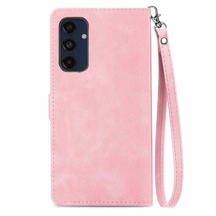 For Samsung Galaxy M55 Embossed Flower Zipper Leather Phone Case