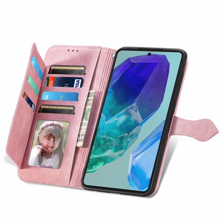 For Samsung Galaxy M55 Embossed Flower Zipper Leather Phone Case