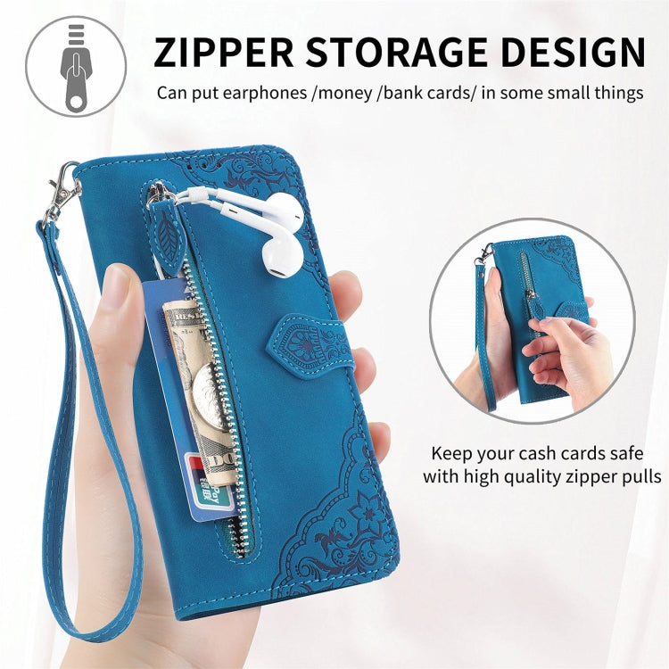 For Samsung Galaxy M55 Embossed Flower Zipper Leather Phone Case
