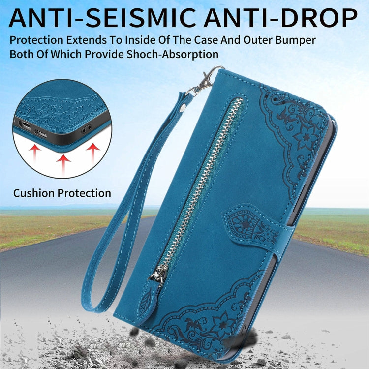 For Samsung Galaxy M55 Embossed Flower Zipper Leather Phone Case