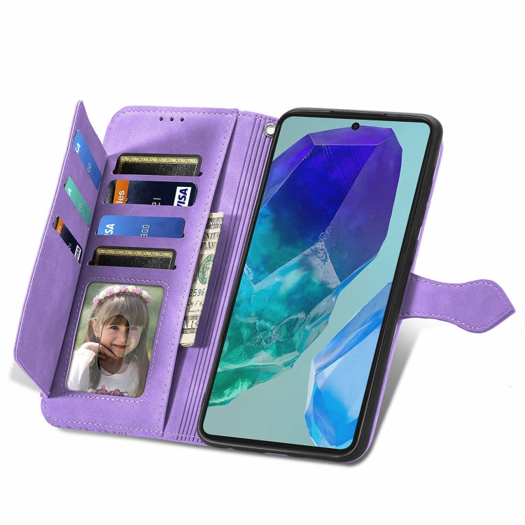 For Samsung Galaxy M55 Embossed Flower Zipper Leather Phone Case