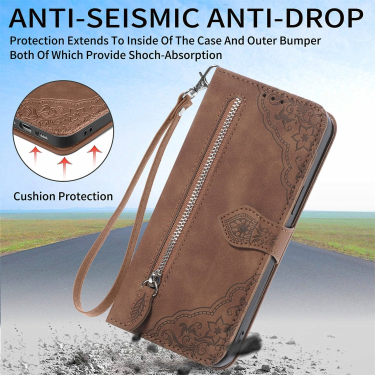 For Samsung Galaxy M55 Embossed Flower Zipper Leather Phone Case