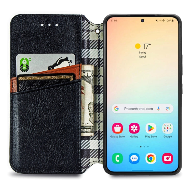 For Samsung Galaxy S25 5G Cubic Grid Pressed Magnetic Leather Phone Case