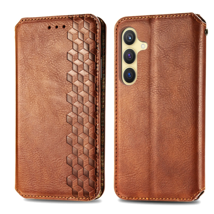 For Samsung Galaxy S25 5G Cubic Grid Pressed Magnetic Leather Phone Case