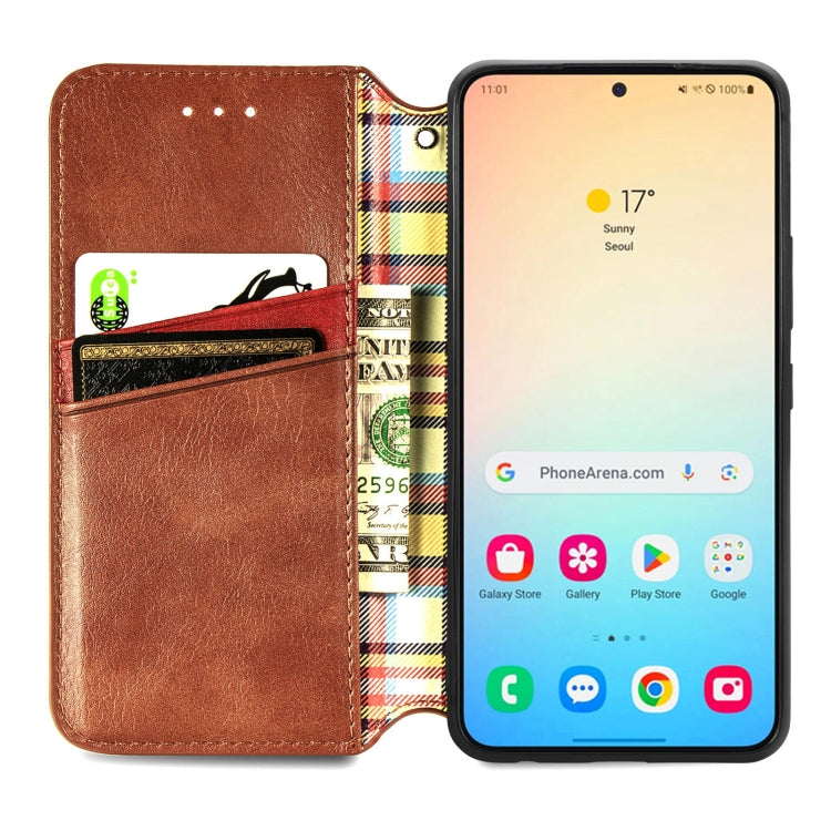 For Samsung Galaxy S25 5G Cubic Grid Pressed Magnetic Leather Phone Case