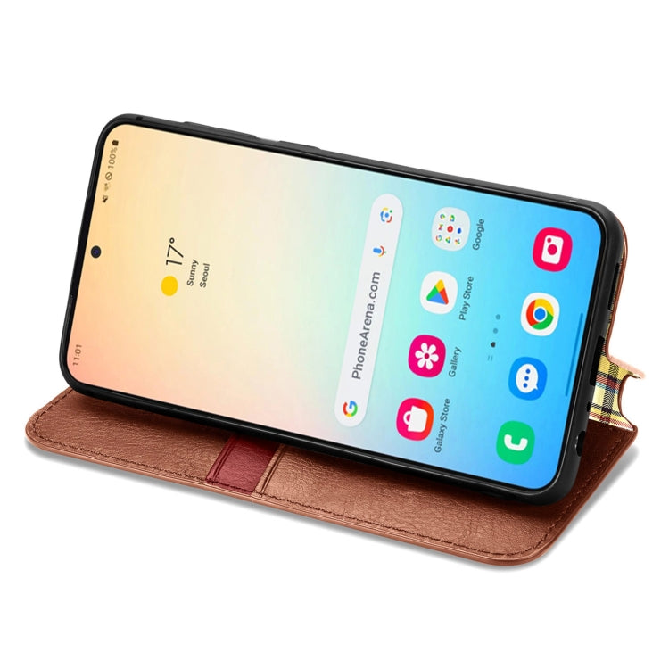 For Samsung Galaxy S25 5G Cubic Grid Pressed Magnetic Leather Phone Case