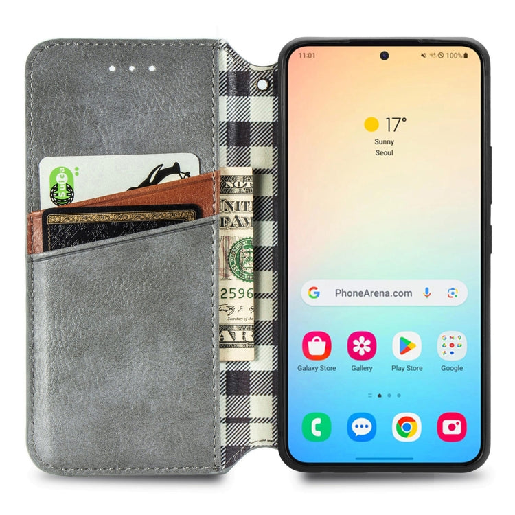 For Samsung Galaxy S25 5G Cubic Grid Pressed Magnetic Leather Phone Case