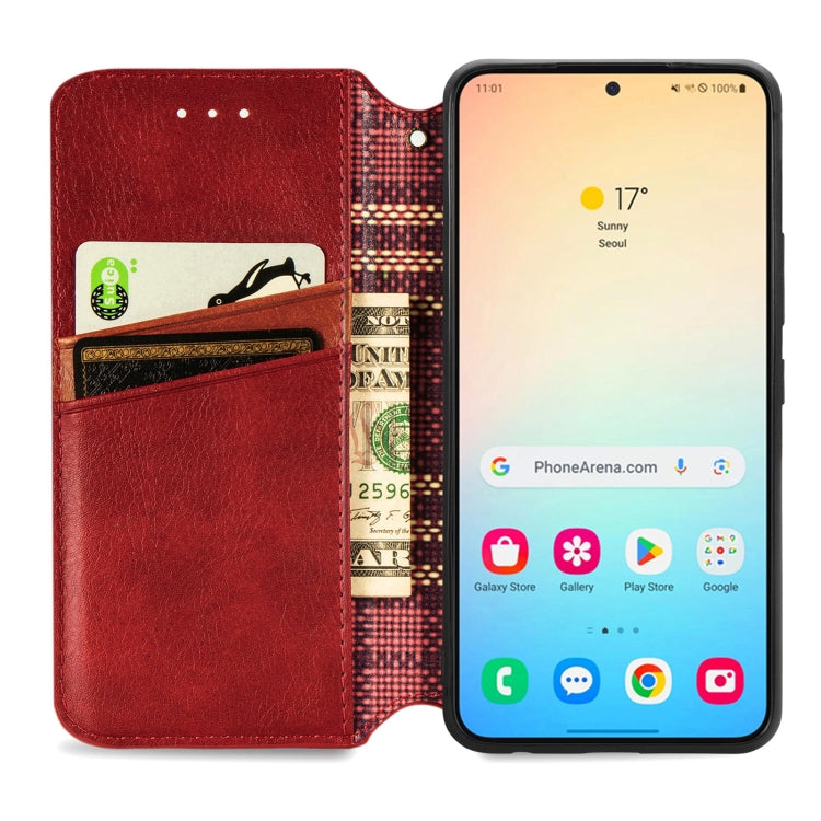 For Samsung Galaxy S25 5G Cubic Grid Pressed Magnetic Leather Phone Case