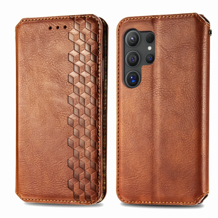 For Samsung Galaxy S25 Ultra 5G Cubic Grid Pressed Magnetic Leather Phone Case