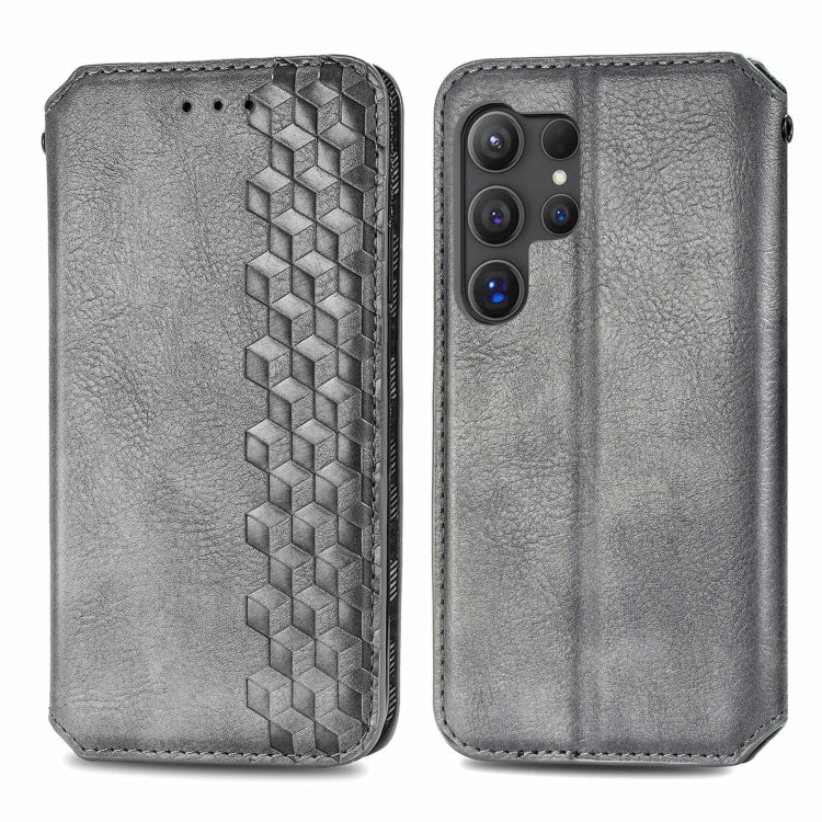 For Samsung Galaxy S25 Ultra 5G Cubic Grid Pressed Magnetic Leather Phone Case