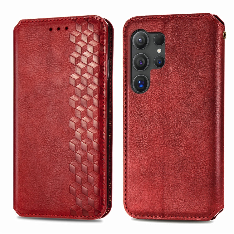 For Samsung Galaxy S25 Ultra 5G Cubic Grid Pressed Magnetic Leather Phone Case