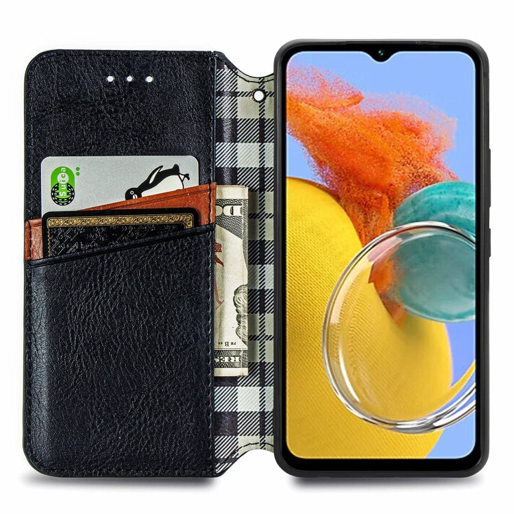 For Samsung Galaxy M14 4G Cubic Grid Pressed Magnetic Leather Phone Case