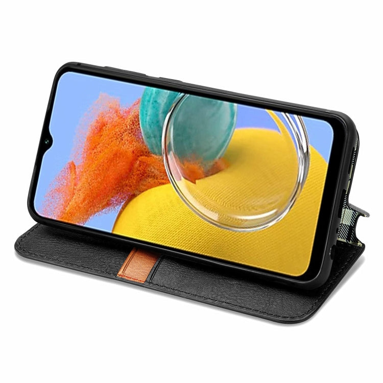 For Samsung Galaxy M14 4G Cubic Grid Pressed Magnetic Leather Phone Case