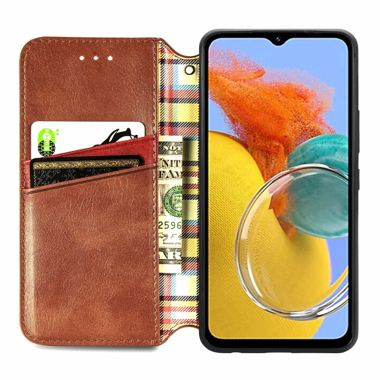 For Samsung Galaxy M14 4G Cubic Grid Pressed Magnetic Leather Phone Case