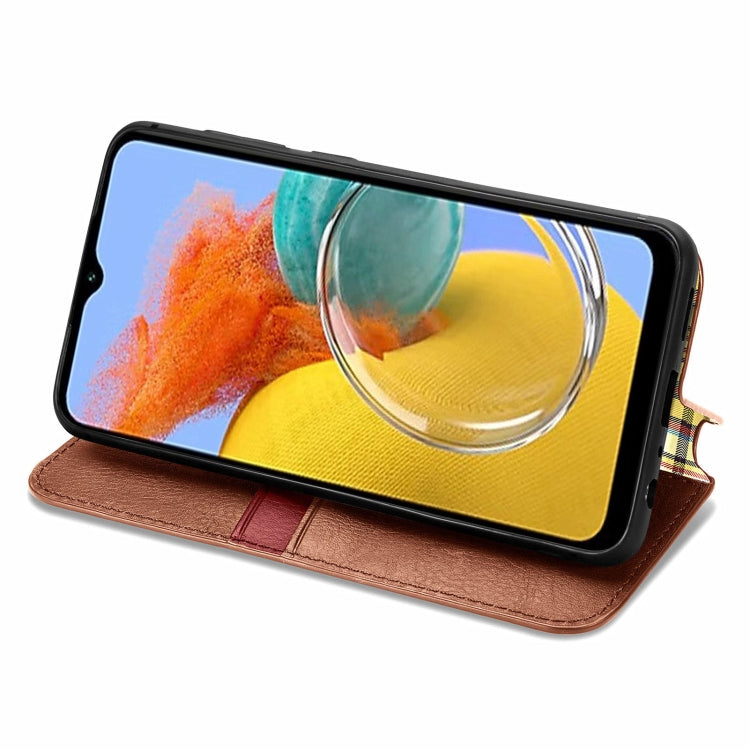 For Samsung Galaxy M14 4G Cubic Grid Pressed Magnetic Leather Phone Case