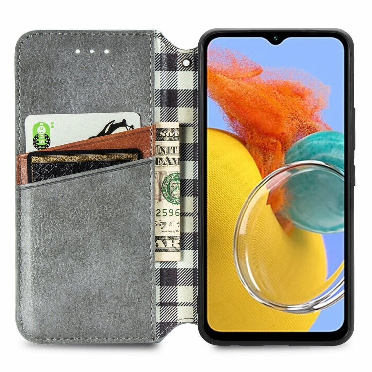 For Samsung Galaxy M14 4G Cubic Grid Pressed Magnetic Leather Phone Case