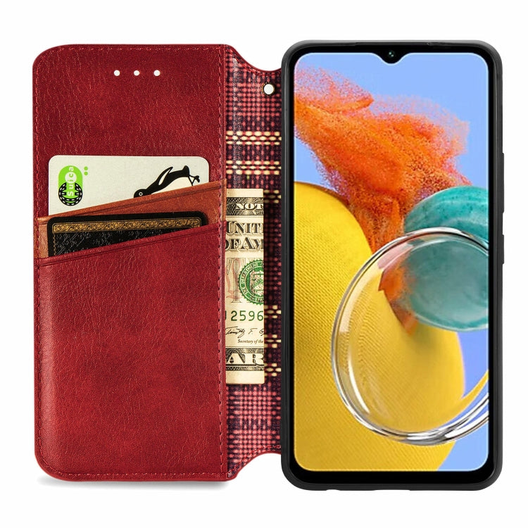 For Samsung Galaxy M14 4G Cubic Grid Pressed Magnetic Leather Phone Case