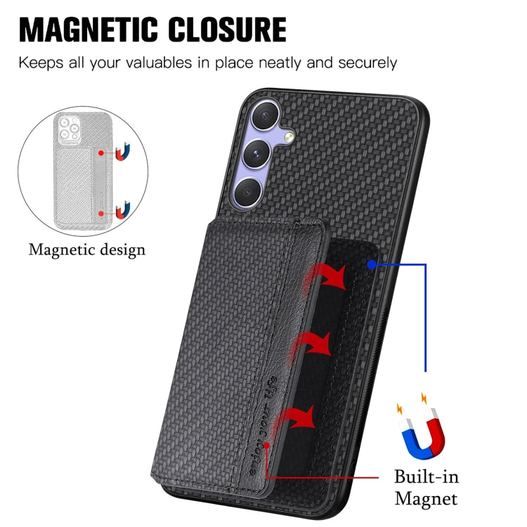 For Samsung Galaxy S25 5G Carbon Fiber Magnetic Card Wallet RFID Blocking Phone Case