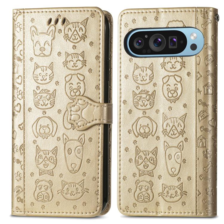 For Google Pixel 9 Pro XL Cat and Dog Embossed Leather Phone Case
