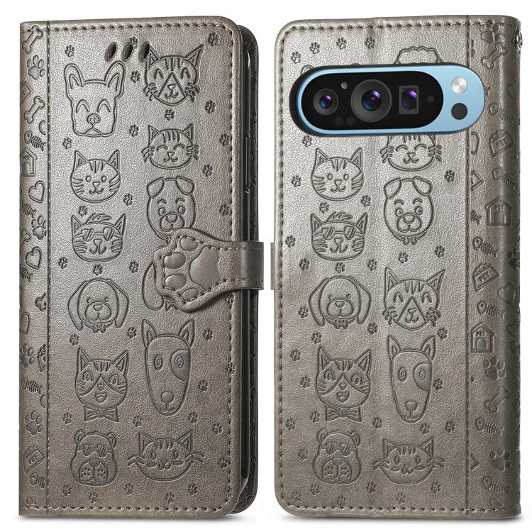 For Google Pixel 9 Pro XL Cat and Dog Embossed Leather Phone Case