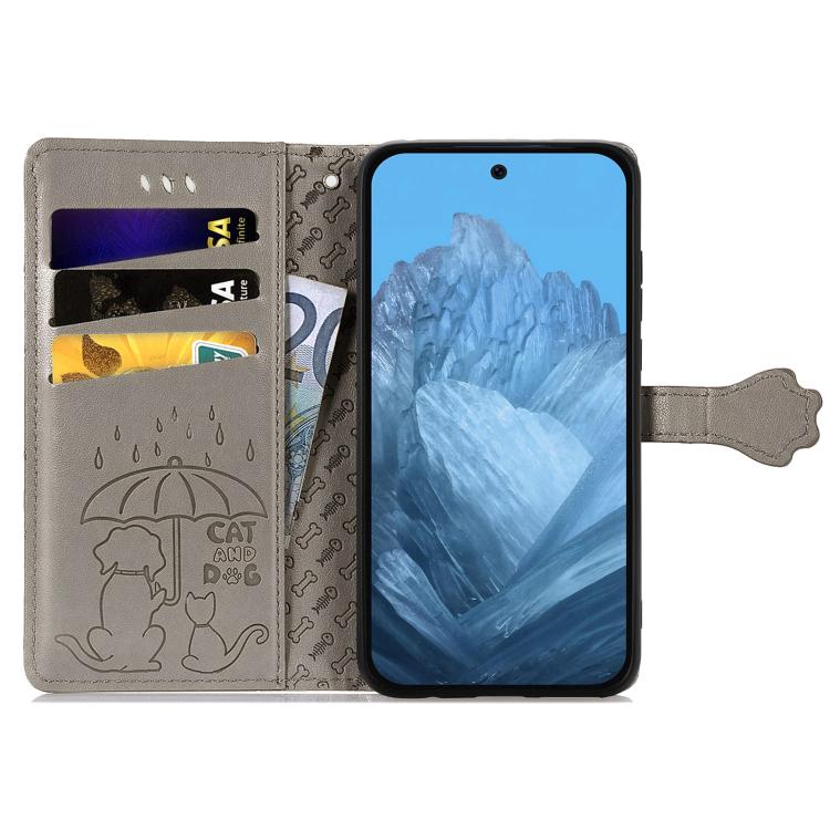 For Google Pixel 9 Pro XL Cat and Dog Embossed Leather Phone Case