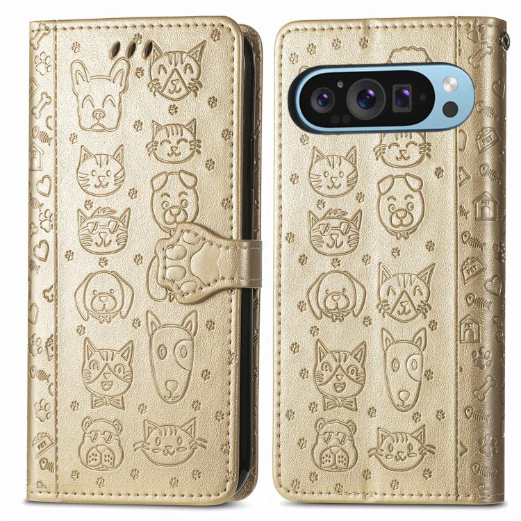 For Google Pixel 10 / 10 Pro Cat and Dog Embossed Leather Phone Case