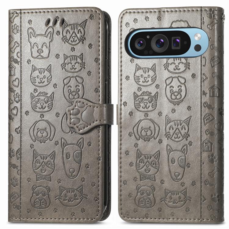 For Google Pixel 10 / 10 Pro Cat and Dog Embossed Leather Phone Case