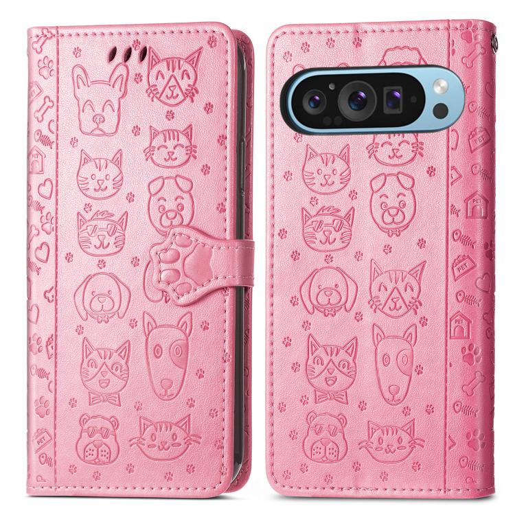 For Google Pixel 10 Pro XL Cat and Dog Embossed Leather Phone Case
