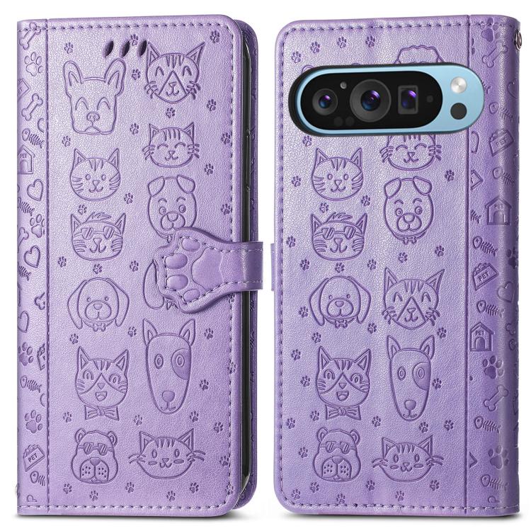 For Google Pixel 10 Pro XL Cat and Dog Embossed Leather Phone Case