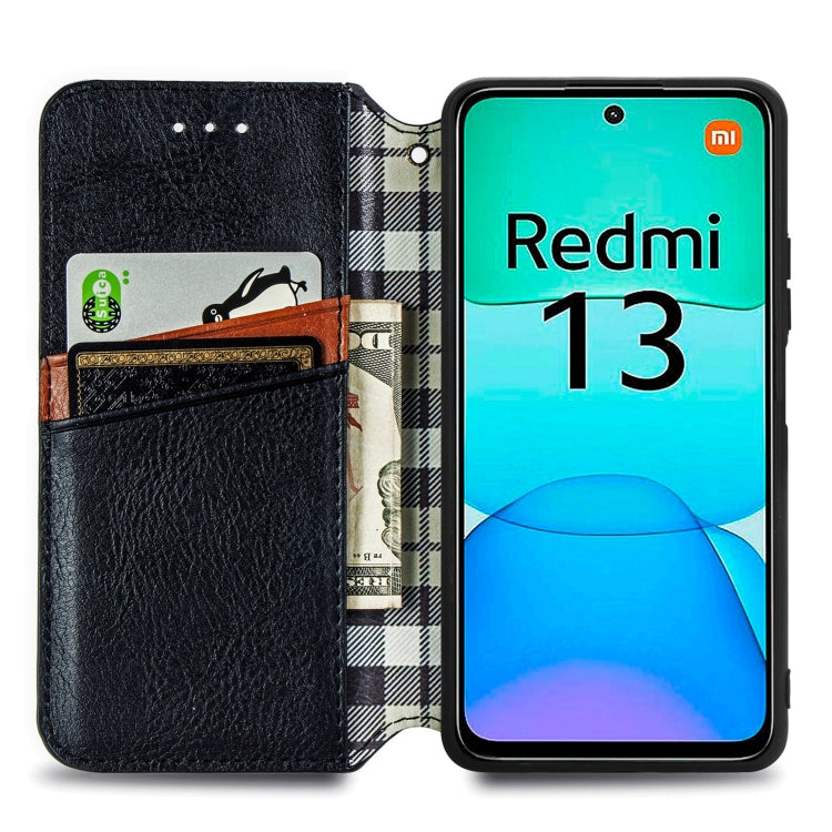 For Redmi 13 4G Cubic Grid Pressed Magnetic Leather Phone Case
