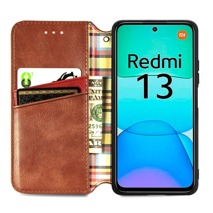 For Redmi 13 4G Cubic Grid Pressed Magnetic Leather Phone Case