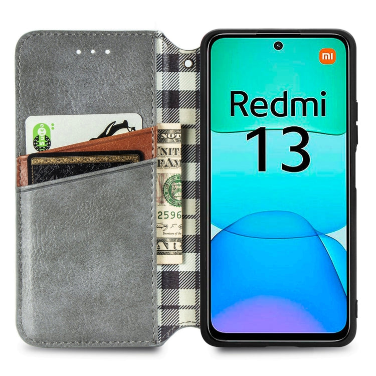 For Redmi 13 4G Cubic Grid Pressed Magnetic Leather Phone Case