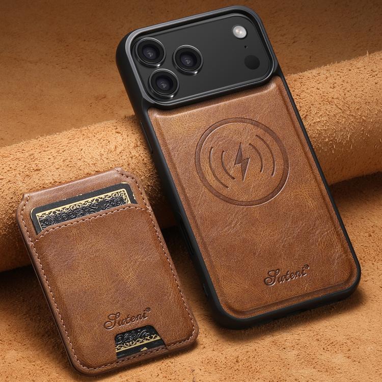 For iPhone 17 Pro Max Suteni H15 MagSafe Oil Eax Leather Detachable Wallet Back Phone Case