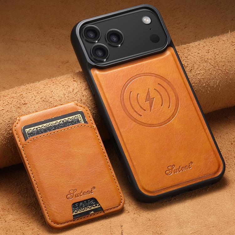 For iPhone 17 Pro Max Suteni H15 MagSafe Oil Eax Leather Detachable Wallet Back Phone Case