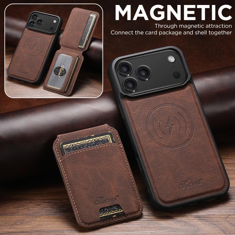 For iPhone 17 Pro Max Suteni H16 Litchi Texture Leather Detachable Wallet Back Phone Case