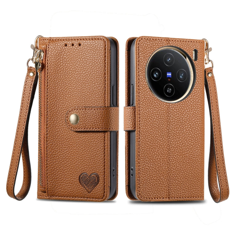 For vivo X100 Love Zipper Lanyard Leather Phone Case
