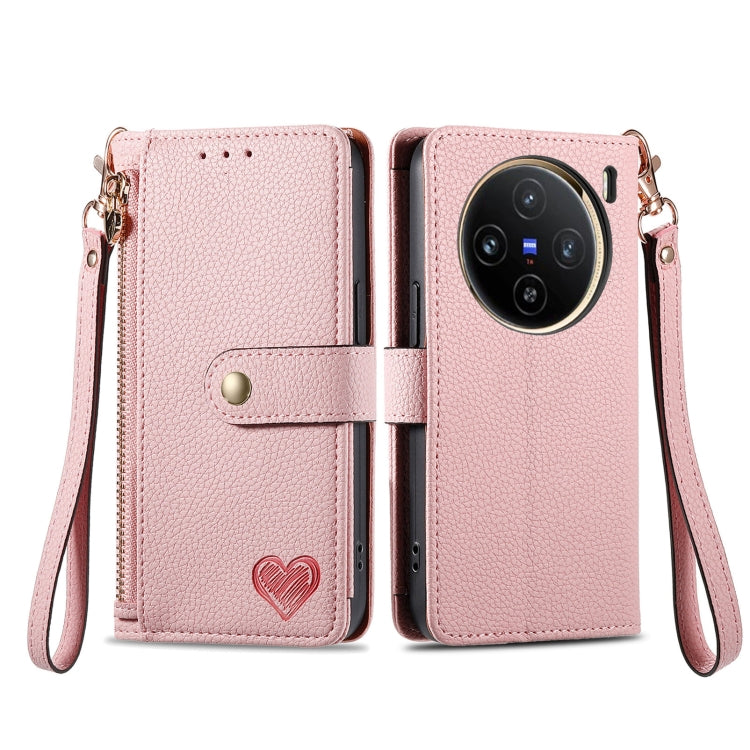 For vivo X100 Love Zipper Lanyard Leather Phone Case