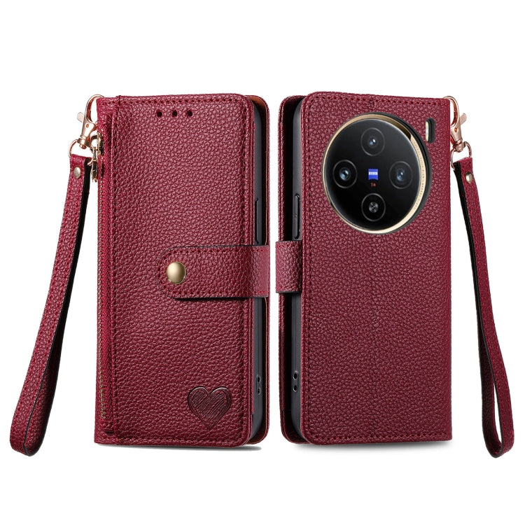 For vivo X100 Love Zipper Lanyard Leather Phone Case