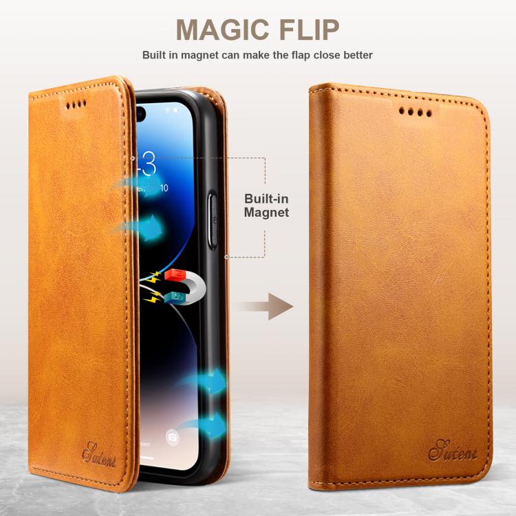 For iPhone 17e / 16e Suteni Calf Texture Horizontal Flip Leather Phone Case