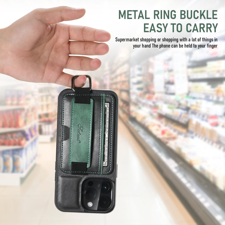 For iPhone 16 Suteni H13 Card Wallet Wrist Strap Holder PU Phone Case