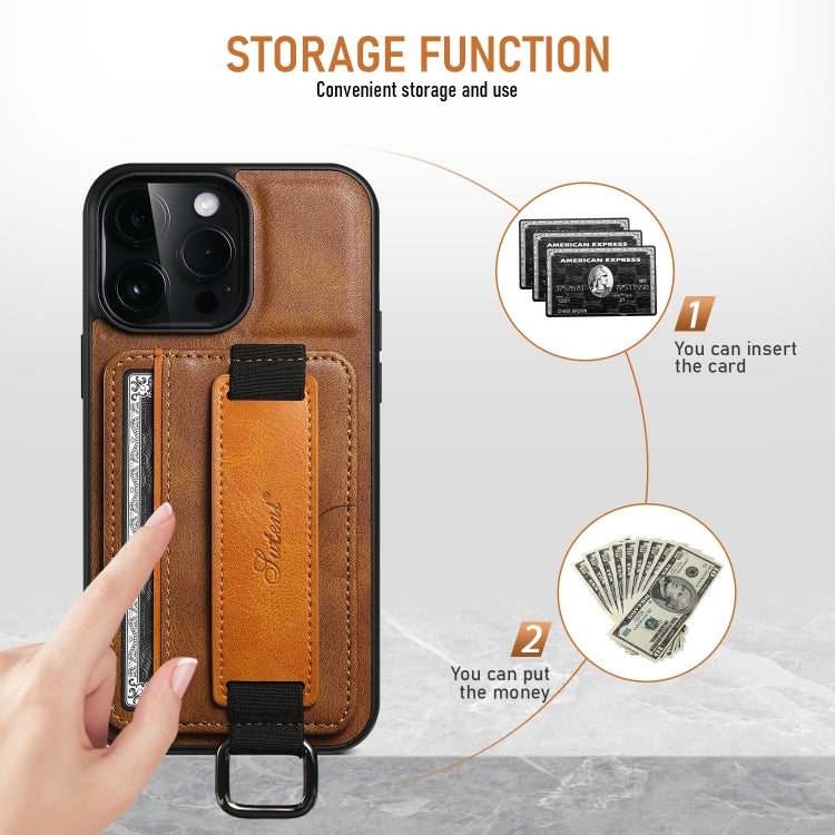 For iPhone 16 Suteni H13 Card Wallet Wrist Strap Holder PU Phone Case